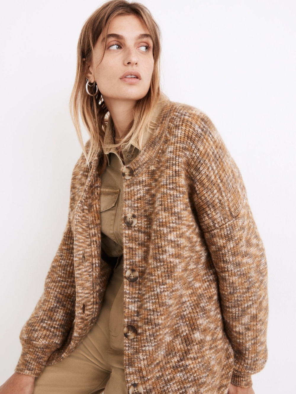 Madewell Space-Dyed Winstead Cardigan Sweater Tan/ Ochre Gray Blend Wool Knit
